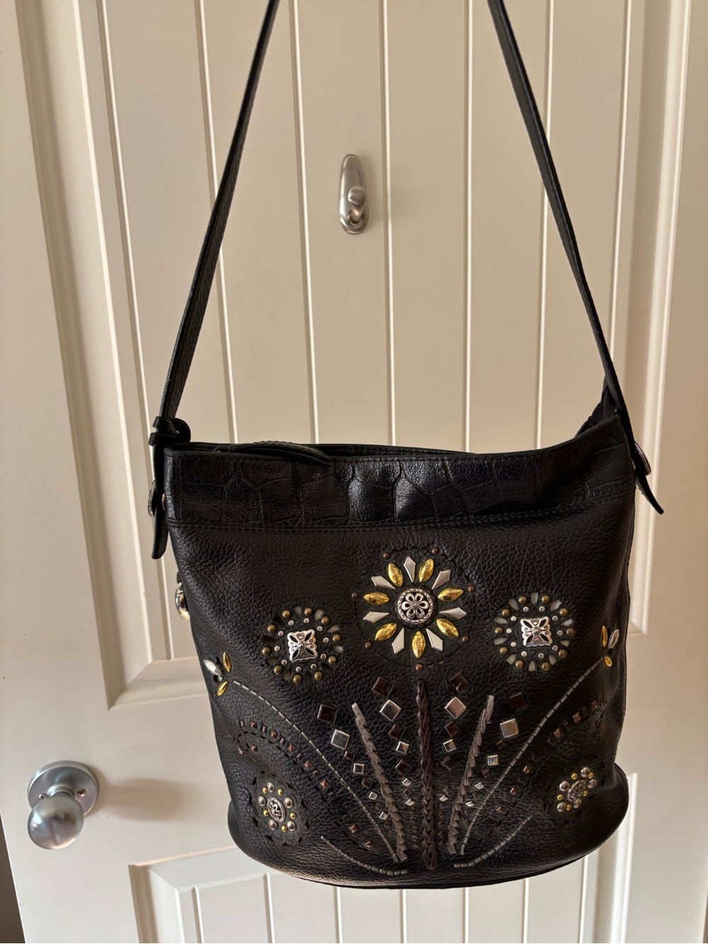 Brighton Harrah’s Garden Girl Black Leather Studded Floral Hobo Shoulder Bag